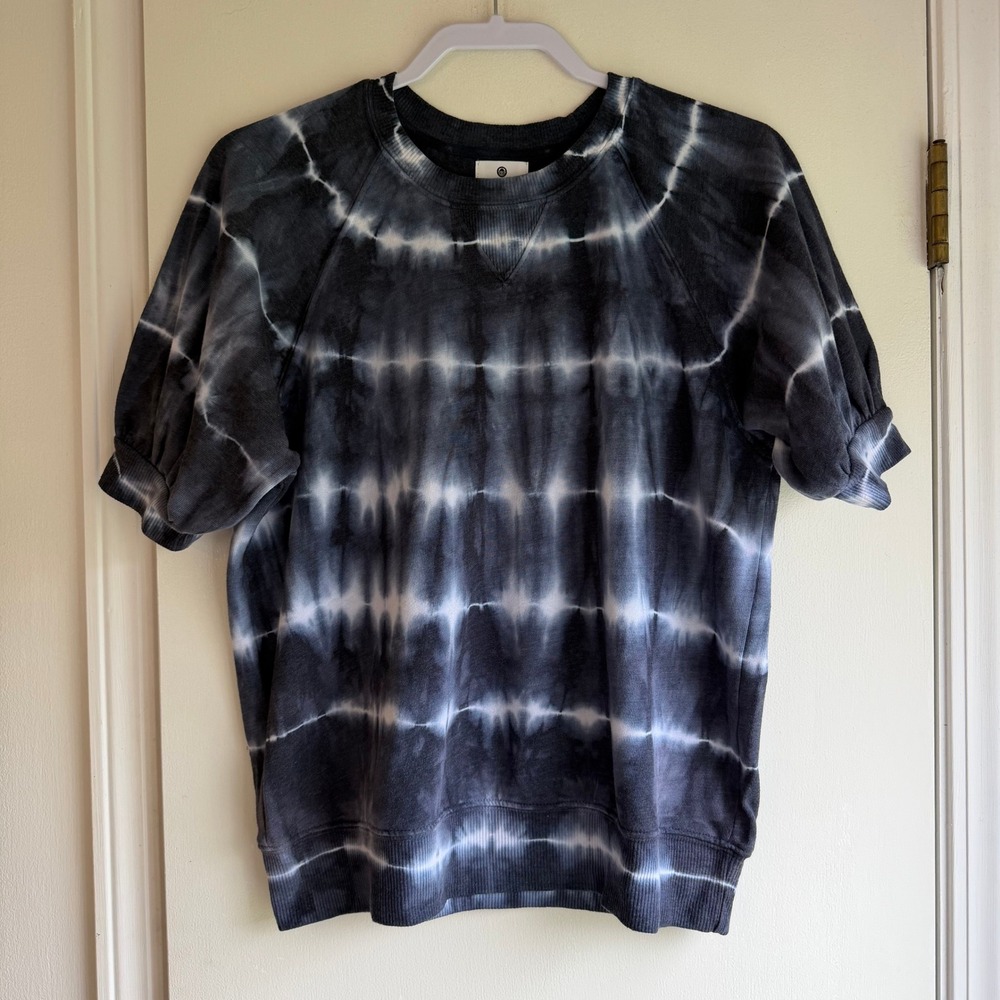 Sundry Tie Dye Short Sleeve Sweatshirt Navy White Puff Sleeve Size 1